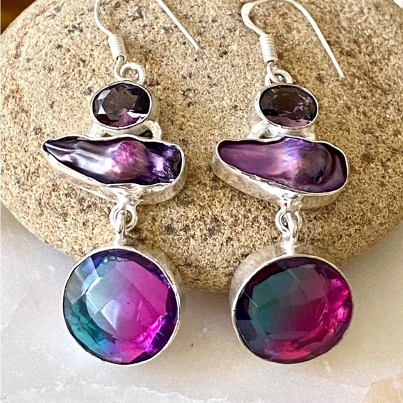 Bicolor Tourmaline, Biwa Pearl And Amethyst Earrings - Picture 3 of 9
